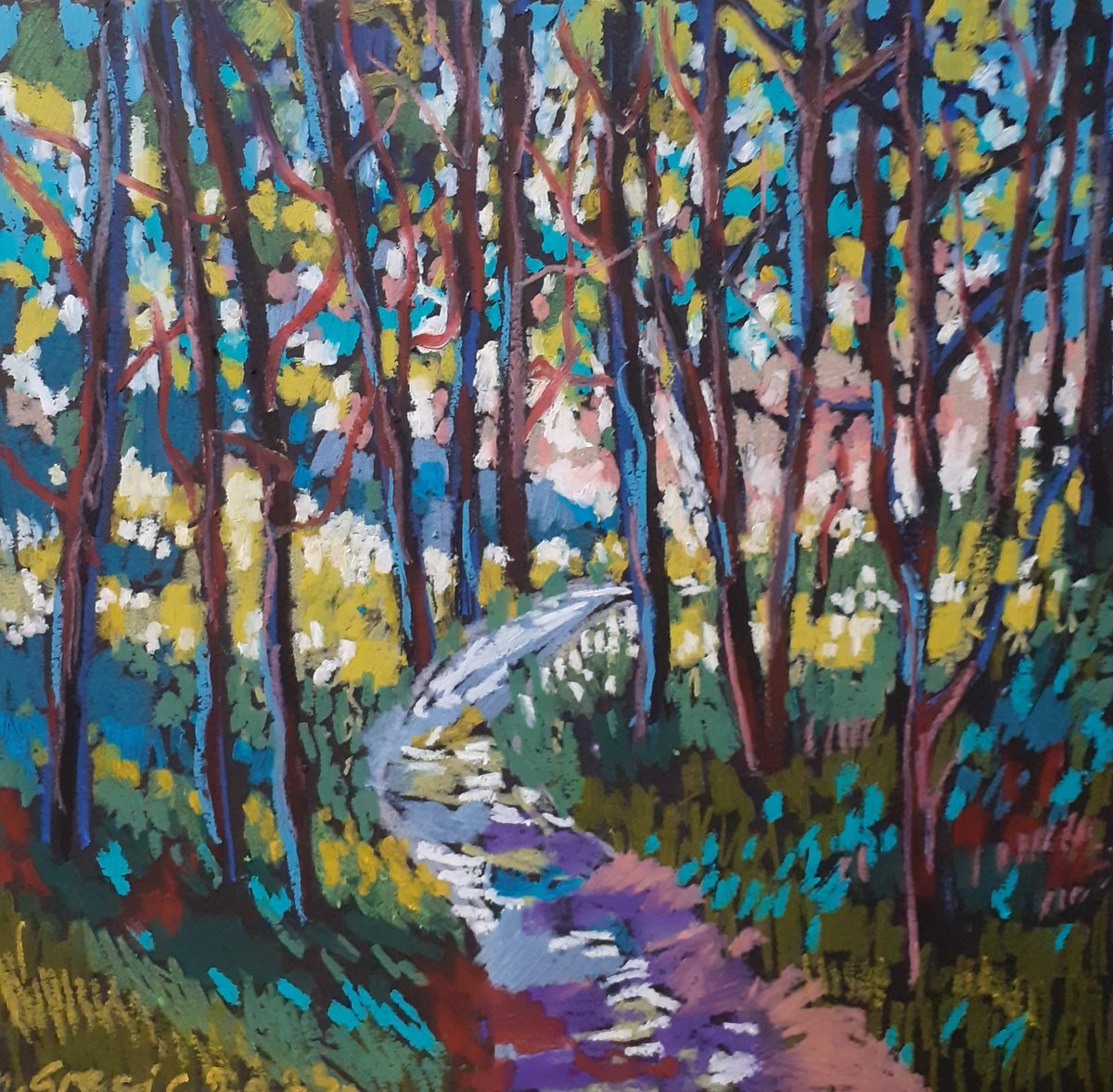 Impressionistic Landscape Pastel Drawing By Maja Grecic, 12 X 12", Forest, Original Artwork