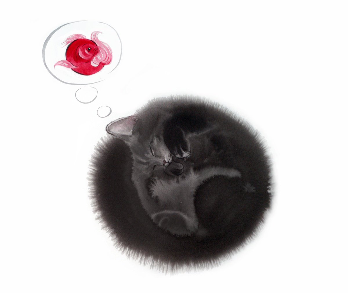 Sweet Dreams - Black cat curled up in a ball - dream about goldfish by Olga Beliaeva Watercolour