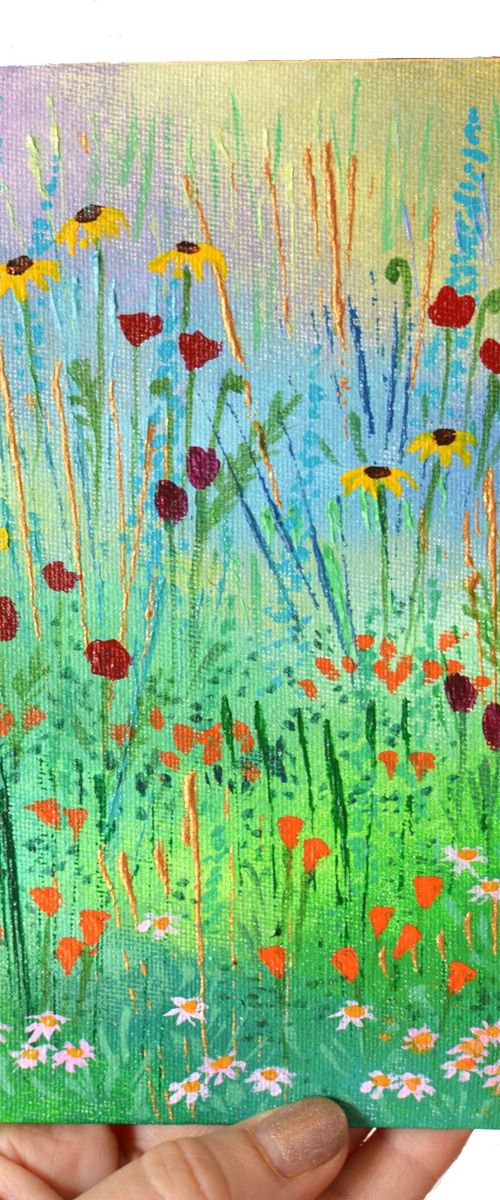 Mini Meadow 1 - poppies, rudbeckias, daisies and delphiniums by Lisa Mann