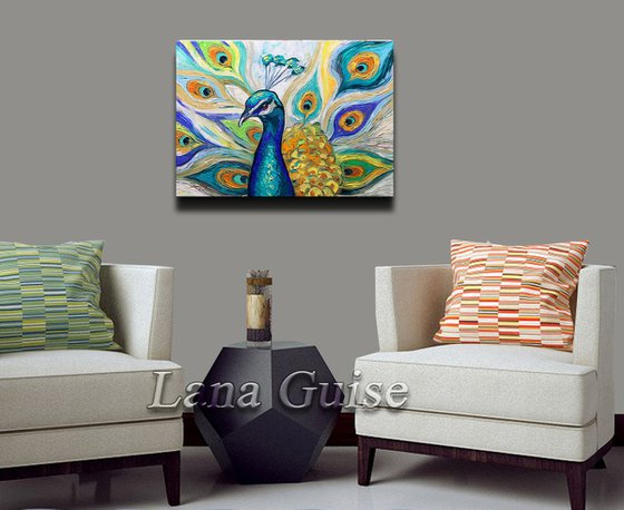 Peacock Painting, Glamour Look, ORIGINAL OIl Painting Modern Textu