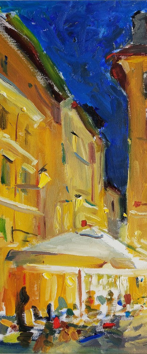 Evening cafe Streets of Rome Italian holiday series.  Original plein air oil painting . by Helen Shukina