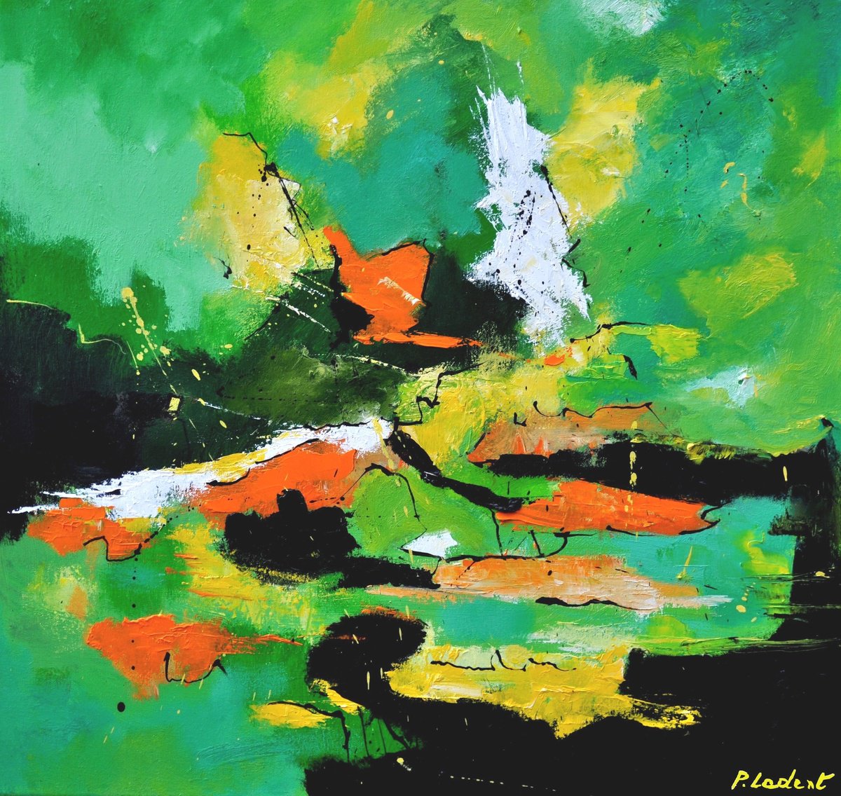 Abstract Oil Painting By Pol Henry Ledent, 28 X 28", In The Green, Original Artwork