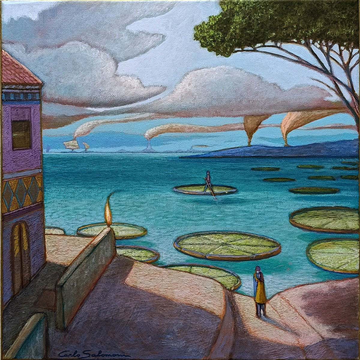 Surrealistic Landscape Acrylic Painting By Carlo Salomoni, 16 X 16, The Giant Water Lilies, Original Artwork