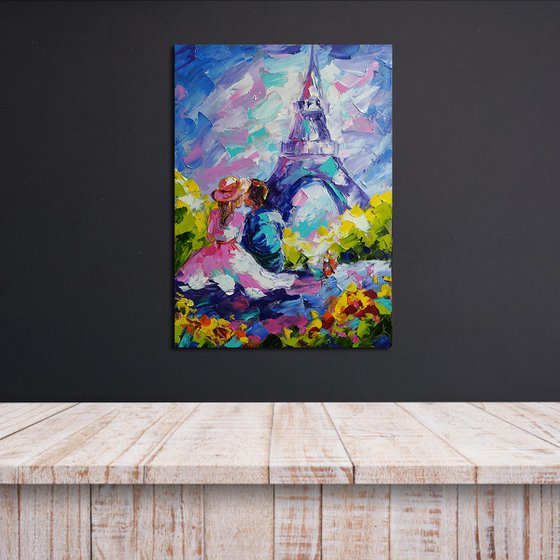 Love in Paris - Paris oil painting, love, France, lovers, Eiffel Tower, Eiffel Tower Paris, Eiffel Tower oil painting