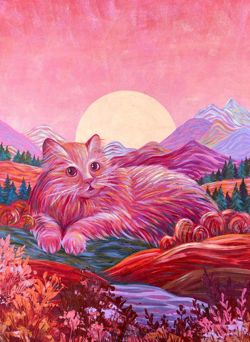 Large Fairy Cat Resting Among The Hills And Mountains, red orange landscape by Ekaterina Prisich