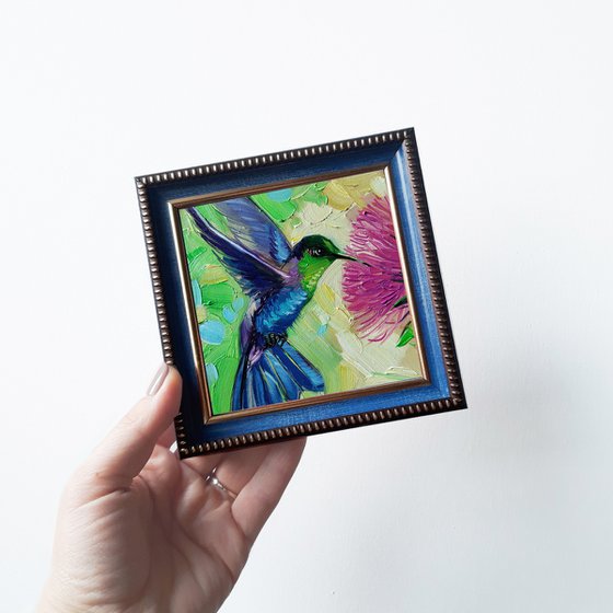 Hummingbird art painting 4x4 in blue frame, Bird painting original blue framed wall art, Mothers day gift from daughter