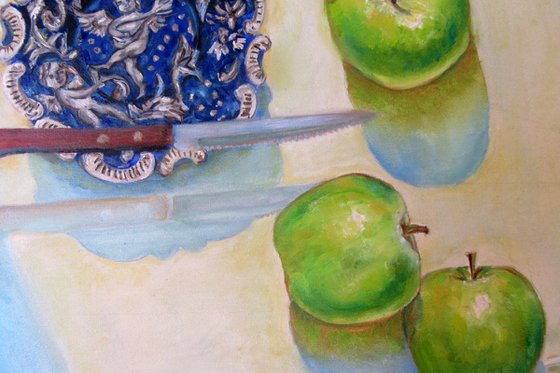 Still life with a plate, apples and a knife Romantic Impressionism (2020) 12x16 in. (30x40 cm)