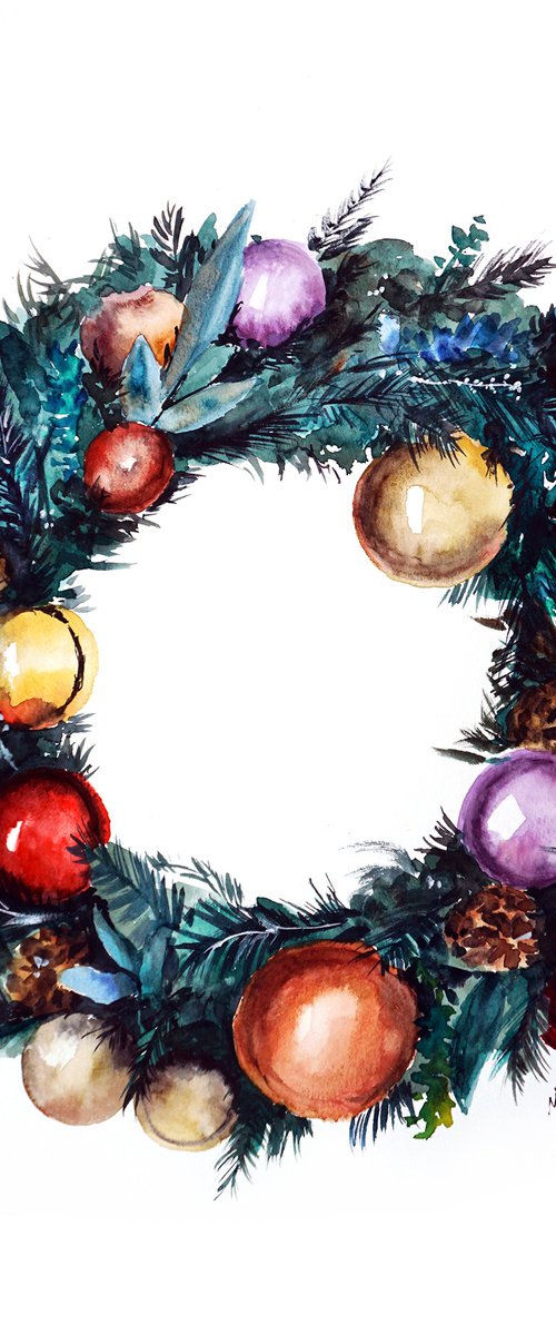 Christmas Spirit _ Original Watercolor Painting - Xmas Wreath Artwork by Yana Shvets