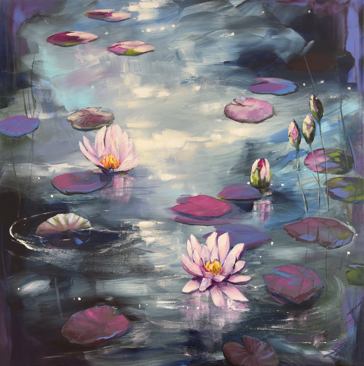 Impressionistic Botanical Acrylic Painting By Sandra Gebhardt-Hoepfner, 24 X 24", Serenity 6, Original Artwork