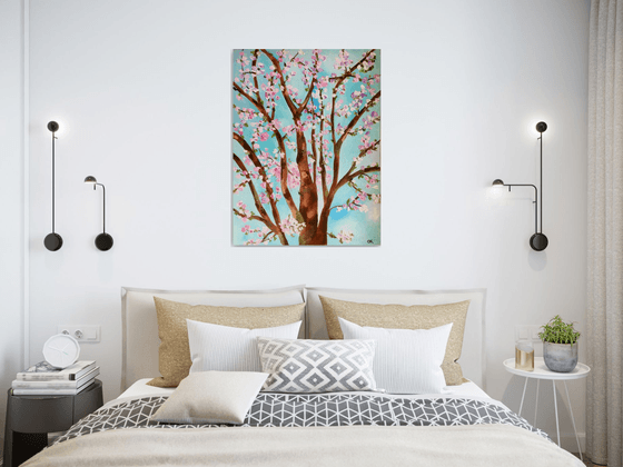 Apple blossom , spring in London white, pink, turquoise 81 x 61 cm  ready to hang oil painting