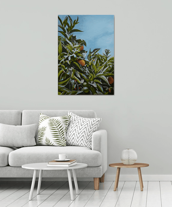 How many oranges are there? Orange tree painting