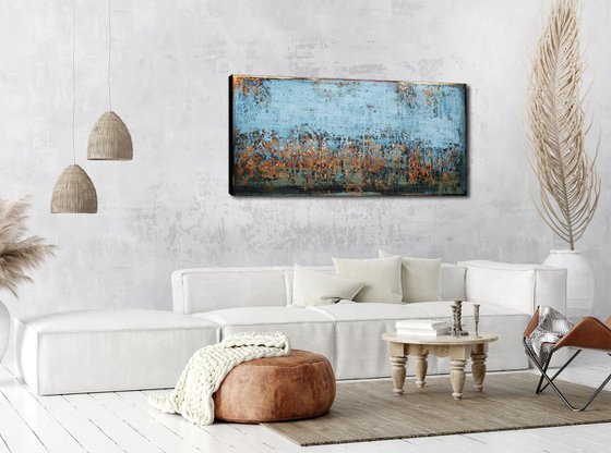 PALE BLUE SKY - 80 x 160 CM - TEXTURED ACRYLIC PAINTING ON CANVAS * BLUE - GREEN * GOLD