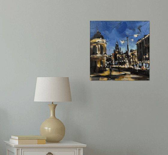 Walk around the city at night.Original oil painting, Handmade artwork.