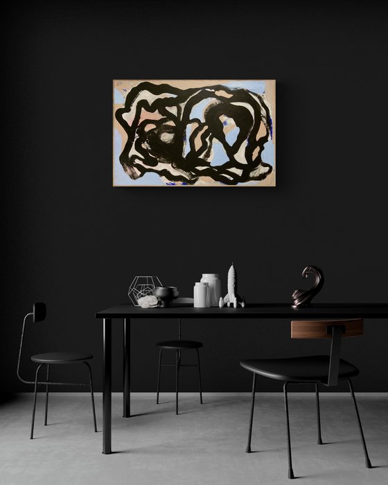 „Where do you feel it in your body?“- XL large painting, bold, black lines Painting