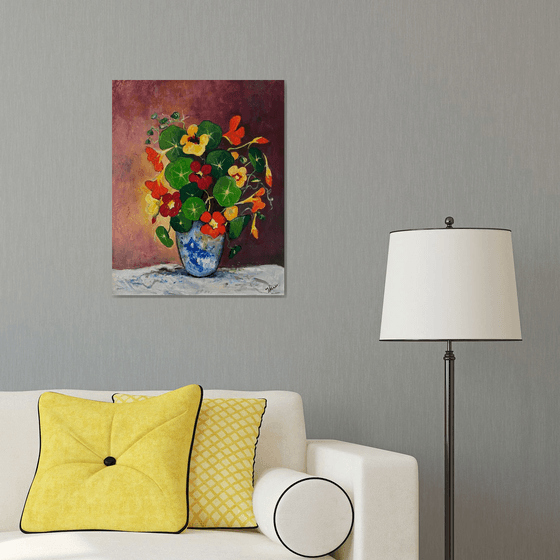 Nasturtiums blue & white vase