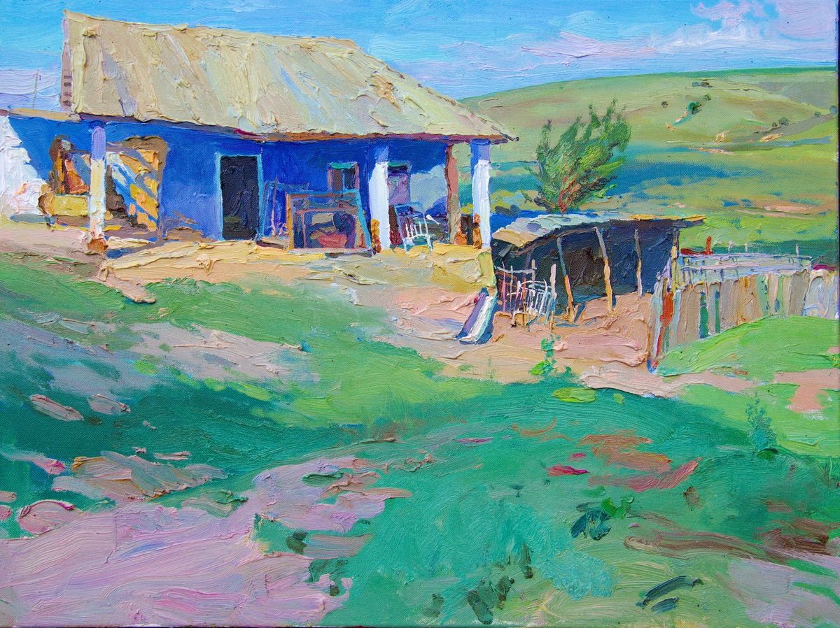 Expressive Landscape Oil Painting By Sergey Kostov, 31 X 24", The House Of Mavrov. Hot Midday, Original Artwork