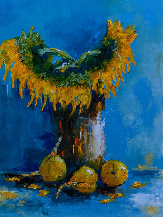 Old sunflowers in vase. Sunflowers oil painting. Painting for gift