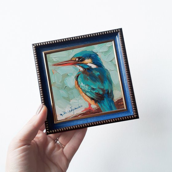 Kingfisher bird tiny painting original art framed, Picture 4x4 turquoise artwork bird wall art decor, Quote signs gift animal art lover