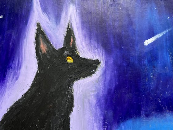 Black Dog Painting, Original Oil Pastel Drawing, Ghost Illustration, Halloween Wall Art