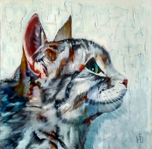 Cat Painting, Portrait of A Cat 40x40 ready to hang. by Yulia Berseneva