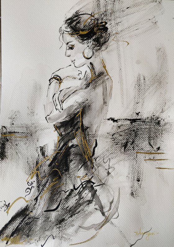 Woman ink drawing series-Figurative drawing on paper