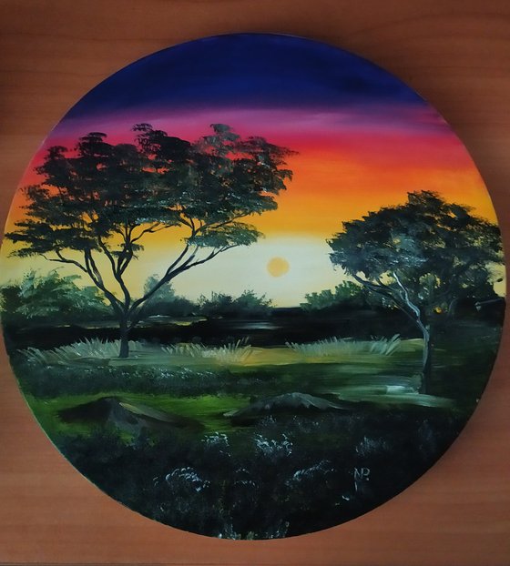 Calm sunset, original landscape oil painting on wooden plate, Gift, art for home