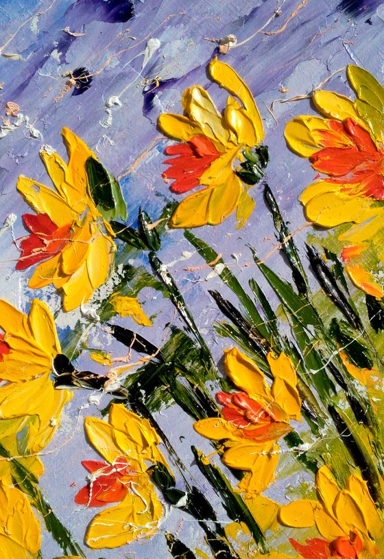 Daffodil Painting Floral Original Art Flowers Oil Impasto Pallete Knife Artwork Small Home Wall Art 8 by 8" by Halyna Kirichenko