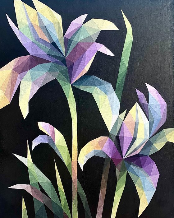 LILAC IRISES ON BLACK