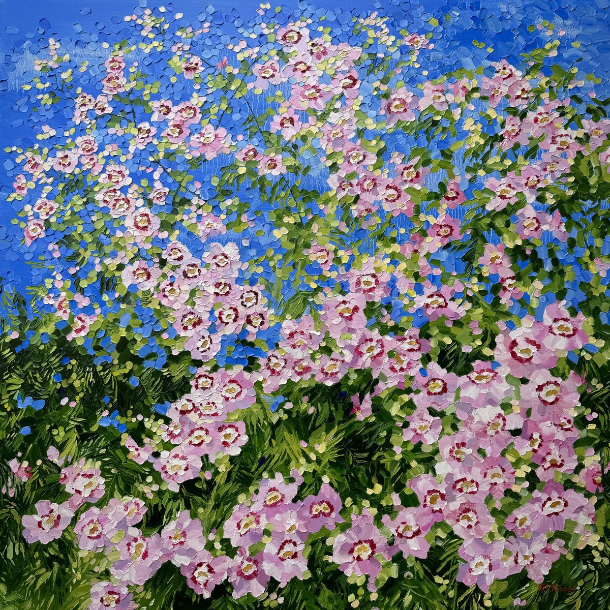 Impressionistic Botanical Oil Painting By Ulyana Korol, 39 X 39", Pink Rain, Original Artwork