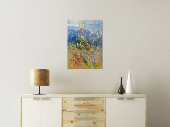 Moments of spring . Willow blossoms in the mountains . Original oil painting