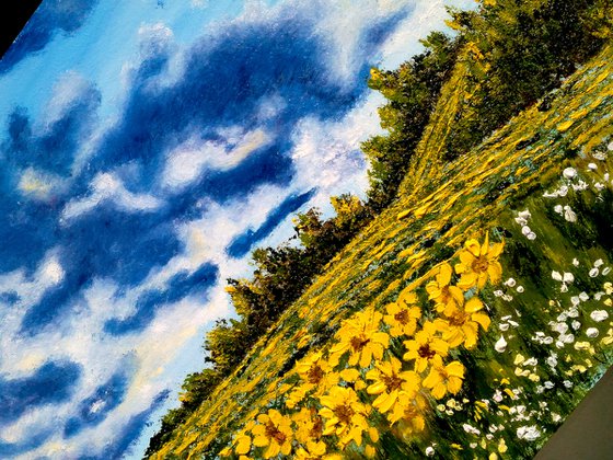 Ukraine Painting Landscape Original Art Sunflower Field Small Oil Artwork Home Wall Art 16 by 12" by Halyna Kirichenko