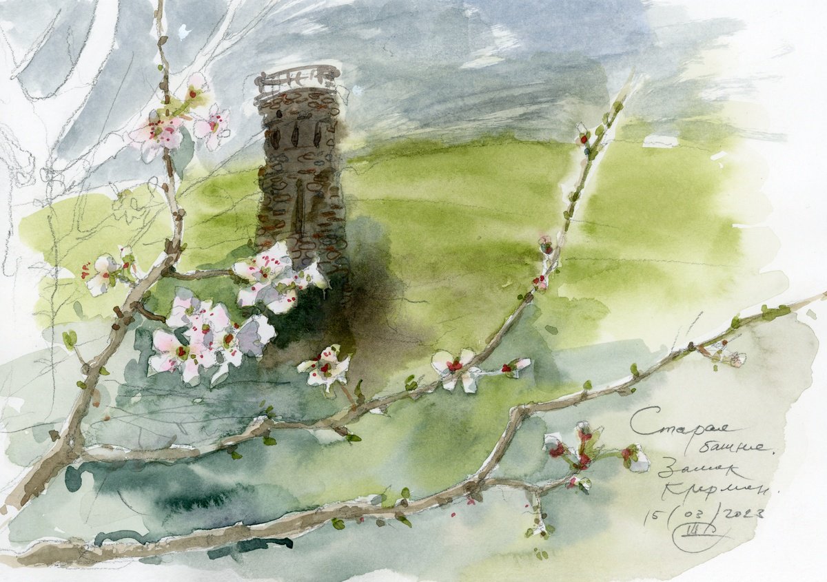 Landscape with an old tower and plum blossoms. by Tatyana Tokareva