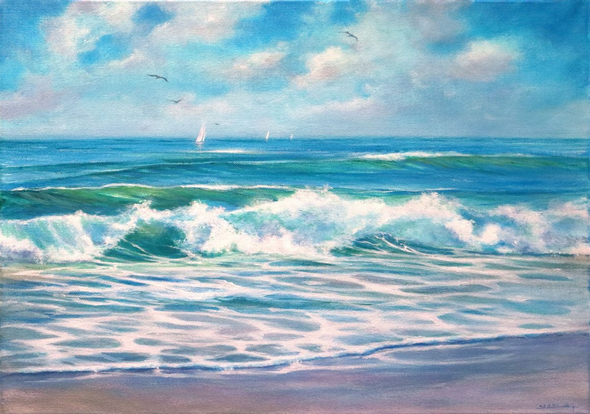 Impressionistic Landscape Acrylic Painting By Stella Dunkley, 23 X 17", Seaside Memories, Original Artwork