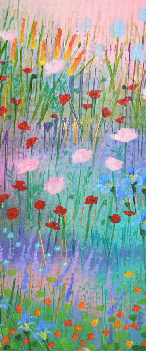 Poppy Garden - red hot pokers, irises, nasturtiums and alliums by Lisa Mann