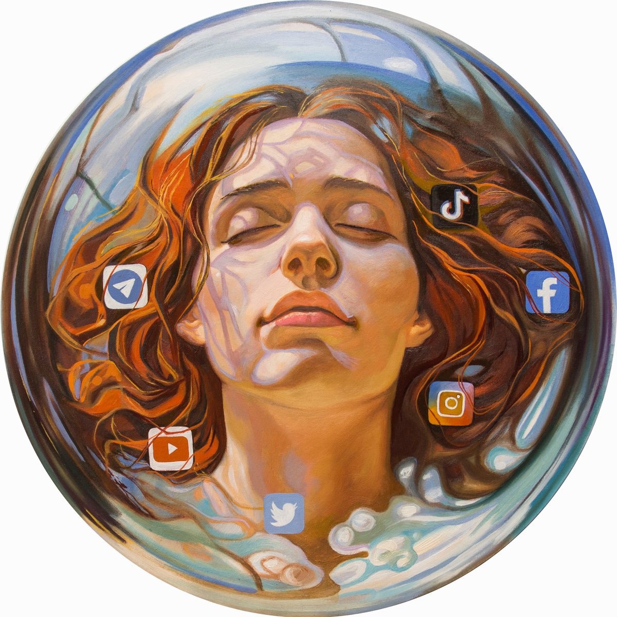 Photorealistic Portrait Oil Painting By Yaroslav Kurbanov, 24 X 24", In An Information Bubble N2, Original Artwork