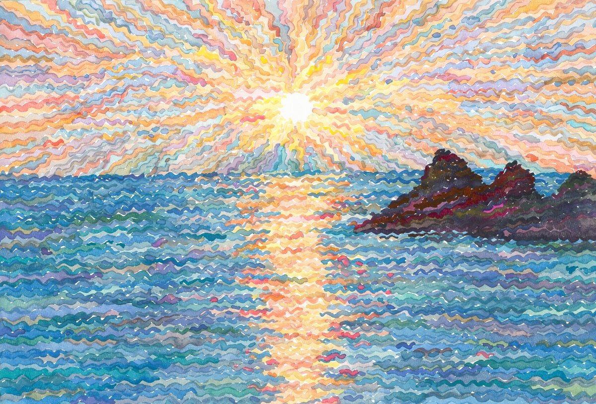 Impressionistic Landscape Watercolour By Tanbelia, 22 X 15", Sunset In Senggigi City, Original Artwork