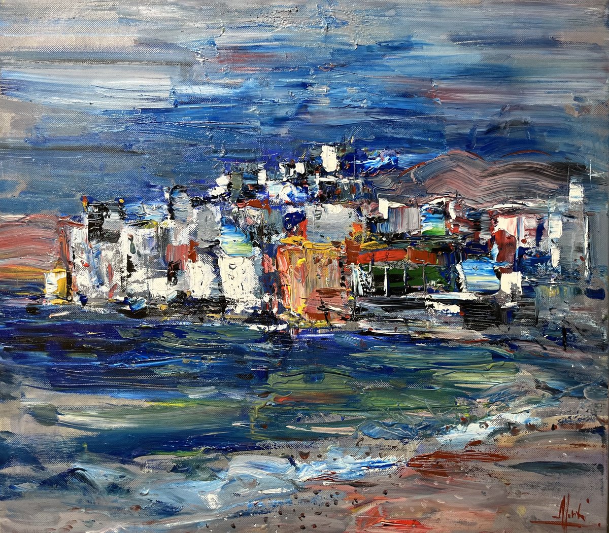 Expressive Landscape Acrylic Painting By Altin Furxhi, 30 X 27, Abstract Mykonos., Original Artwork