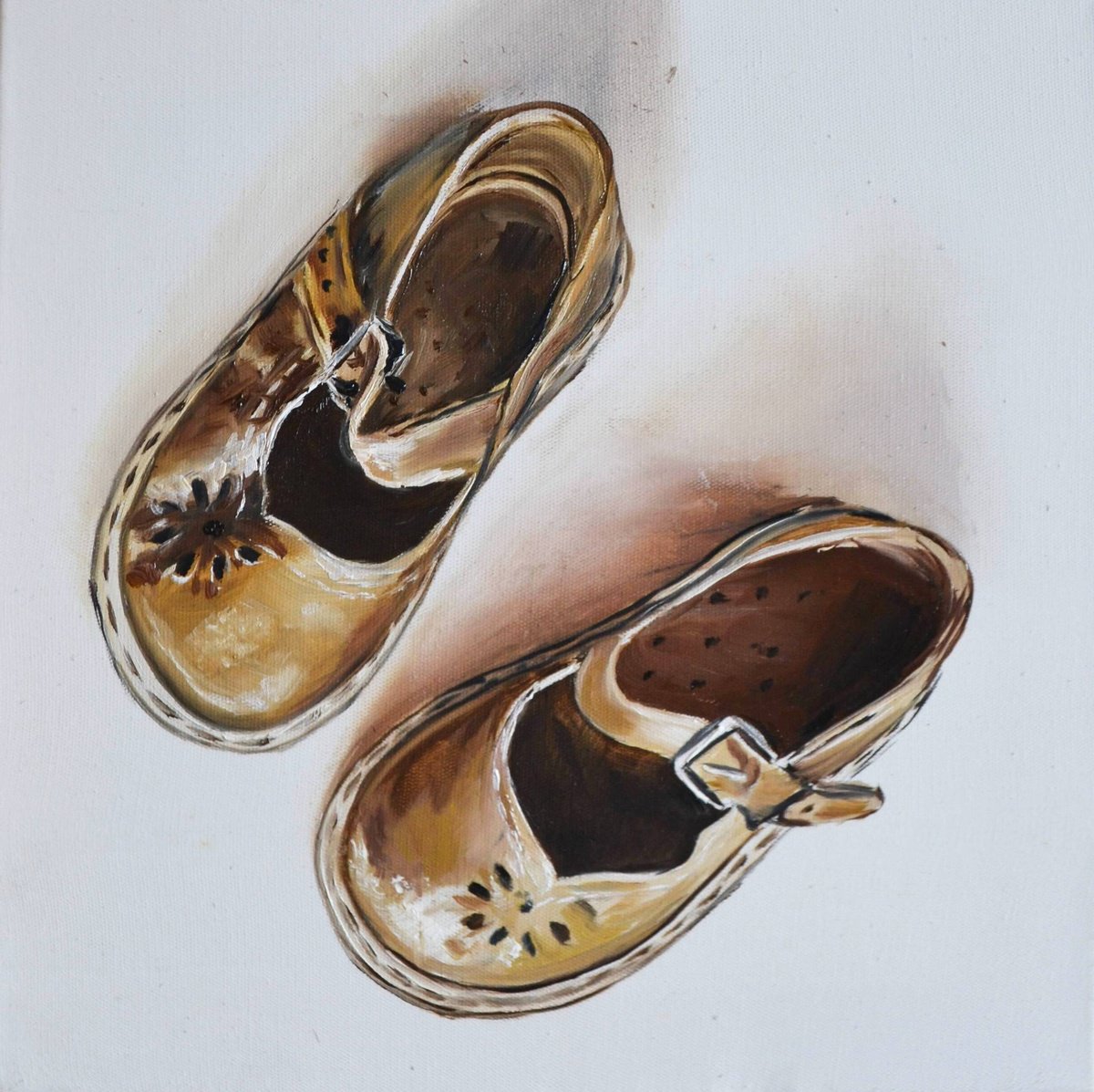 Still Life Oil Painting By Valeriia Radziievska, 10 X 10", Sandals Of My First Steps, Original Artwork