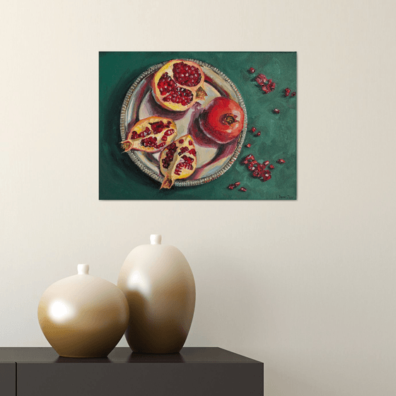 Pomegranates on metal tray