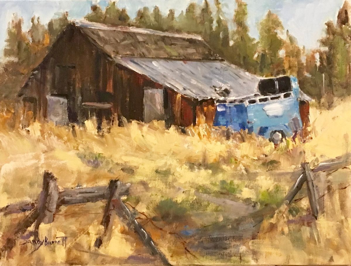 Barn and horse trailer by Sandra Burnett