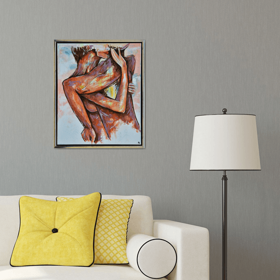 Lovers In The Wall - Original Modern Painting Art on Canvas with Floating Frame Ready To Hang