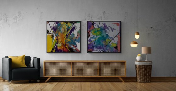 Big XXL Abstract painting - "Bright mirage" - Abstraction - Geometric - Space abstract - Big painting - Bright abstract - Diptych abstract