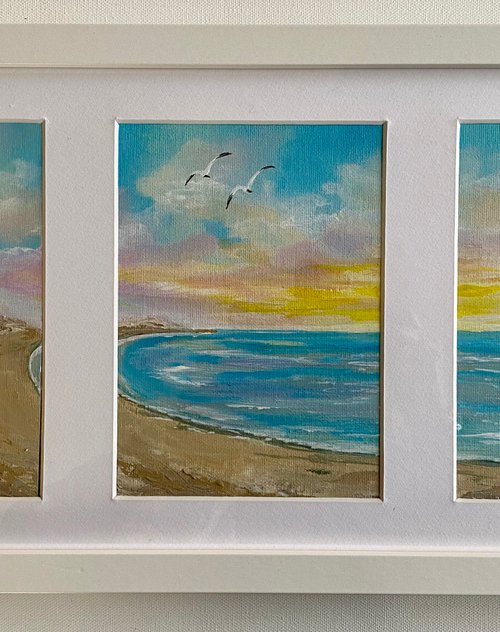 Framed Triptych of Hengistbury Head by Marja Brown
