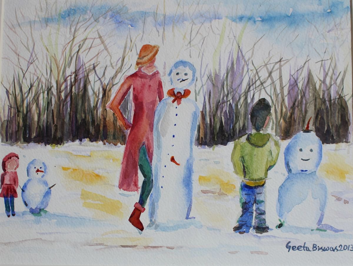 Snowman Competition, concept art, humor, fun, painting in watercolor by Geeta Yerra