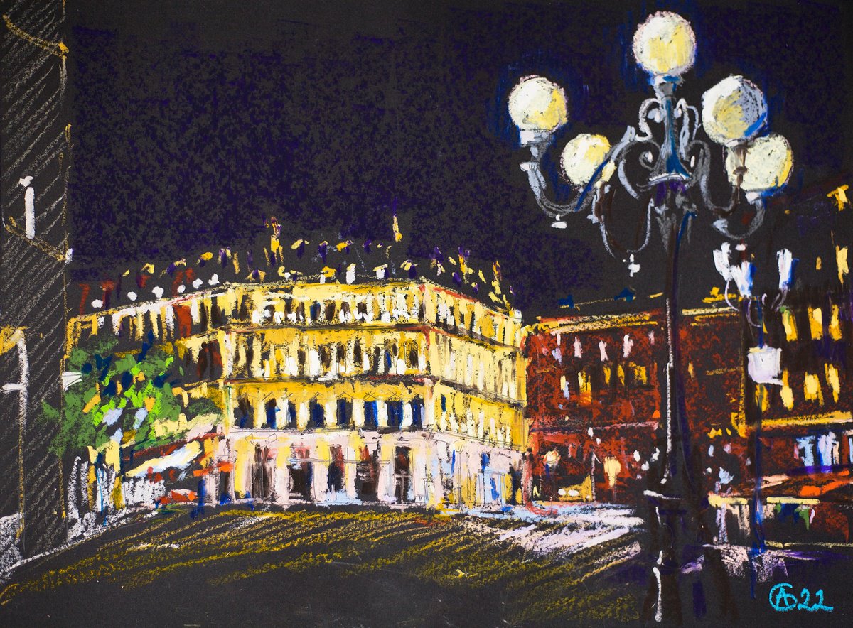 Night in Paris. Louvre Hotel. Medium oil pastel drawing bright colors France by Sasha Romm