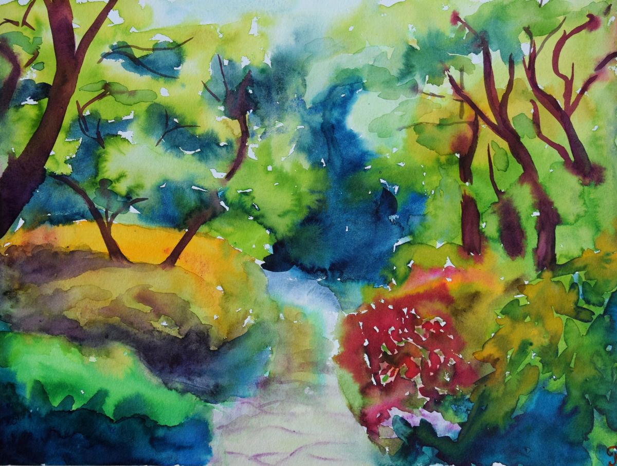 Blooming forest abstract landscape, original watercolor painting, Botanical garden by Kate Grishakova