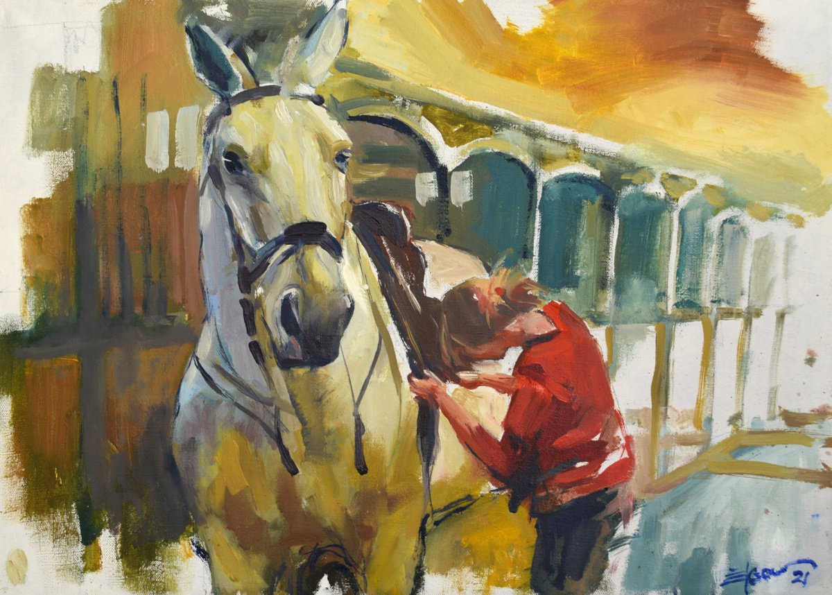 girl saddling horse by Goran igoli? Watercolors