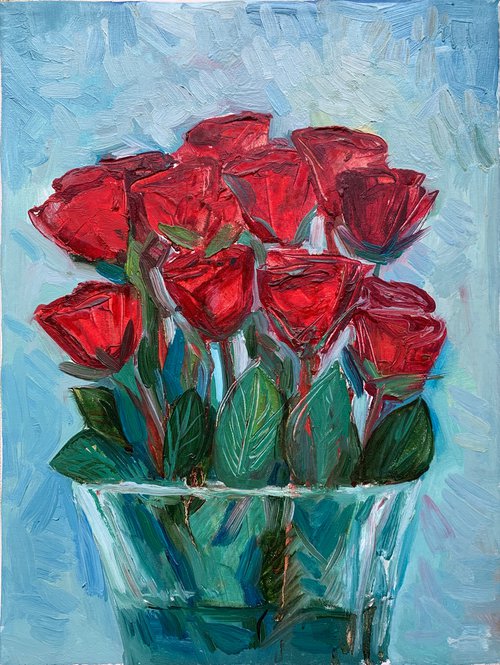 Bouquet of roses in crystal vase by Olga Pascari