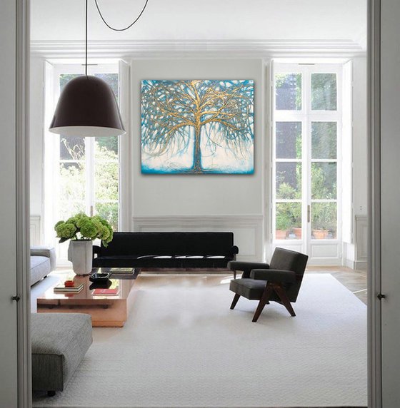 Tree of Gold and Turquoise Teal 120cm x 100cm
