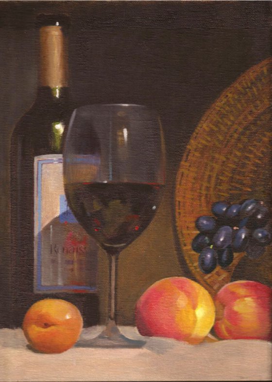 still-life with wine and peaches